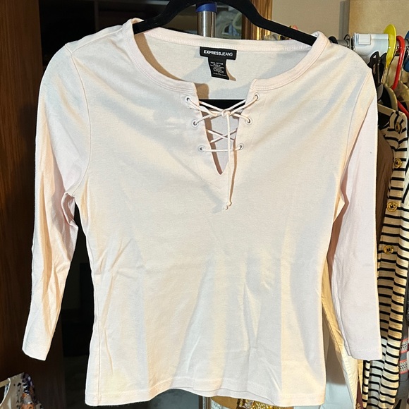 Express Tops - Express Light Pink Lace-Up Long Sleeve Top